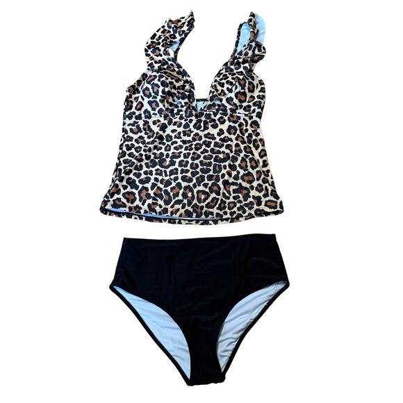 Beachsissi Leopard Animal Print Ruffle Tankini Swimsuit Two Piece Set NEW - Picture 1 of 7